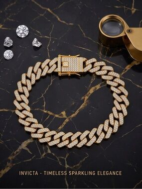 Invicta Elements Men's Iced out Cuban Chain Bracelet,Gold